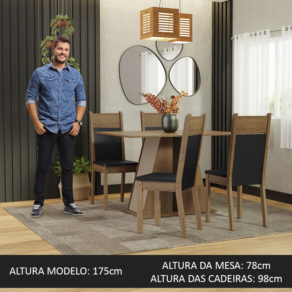 Conjunto Sala de Jantar Mesa Tampo de Madeira 4 Cadeiras Rustic/Crema/Preto Angel Madesa