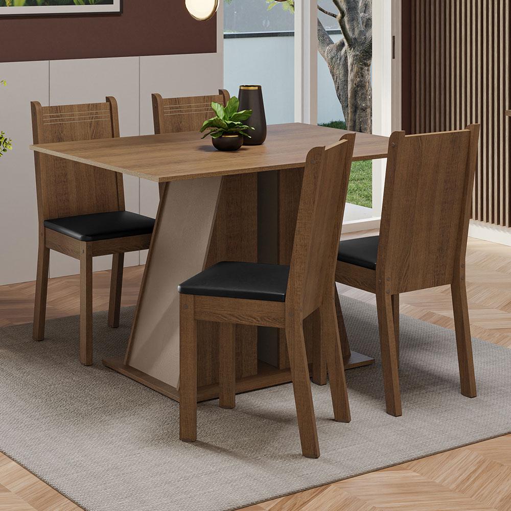 Conjunto Sala de Jantar Mesa Tampo de Madeira 4 Cadeiras Rustic/Crema/Preto Marilyn Madesa