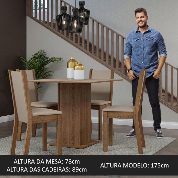 Conjunto Sala de Jantar Madesa Cíntia Mesa Tampo de Madeira com 4 Cadeiras  Rustic/Crema/Bege Marrom