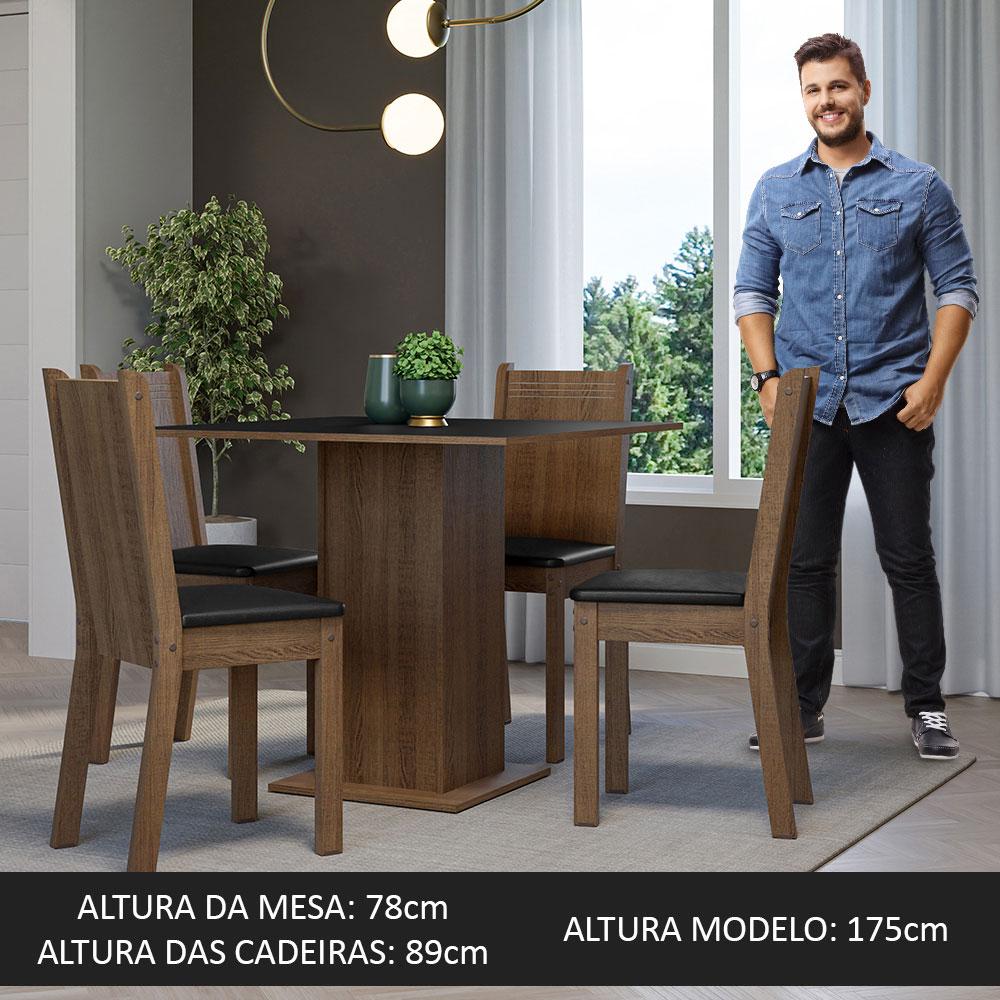 Conjunto Sala de Jantar Mesa Tampo de Madeira 4 Cadeiras Rustic/Preto Samara Madesa
