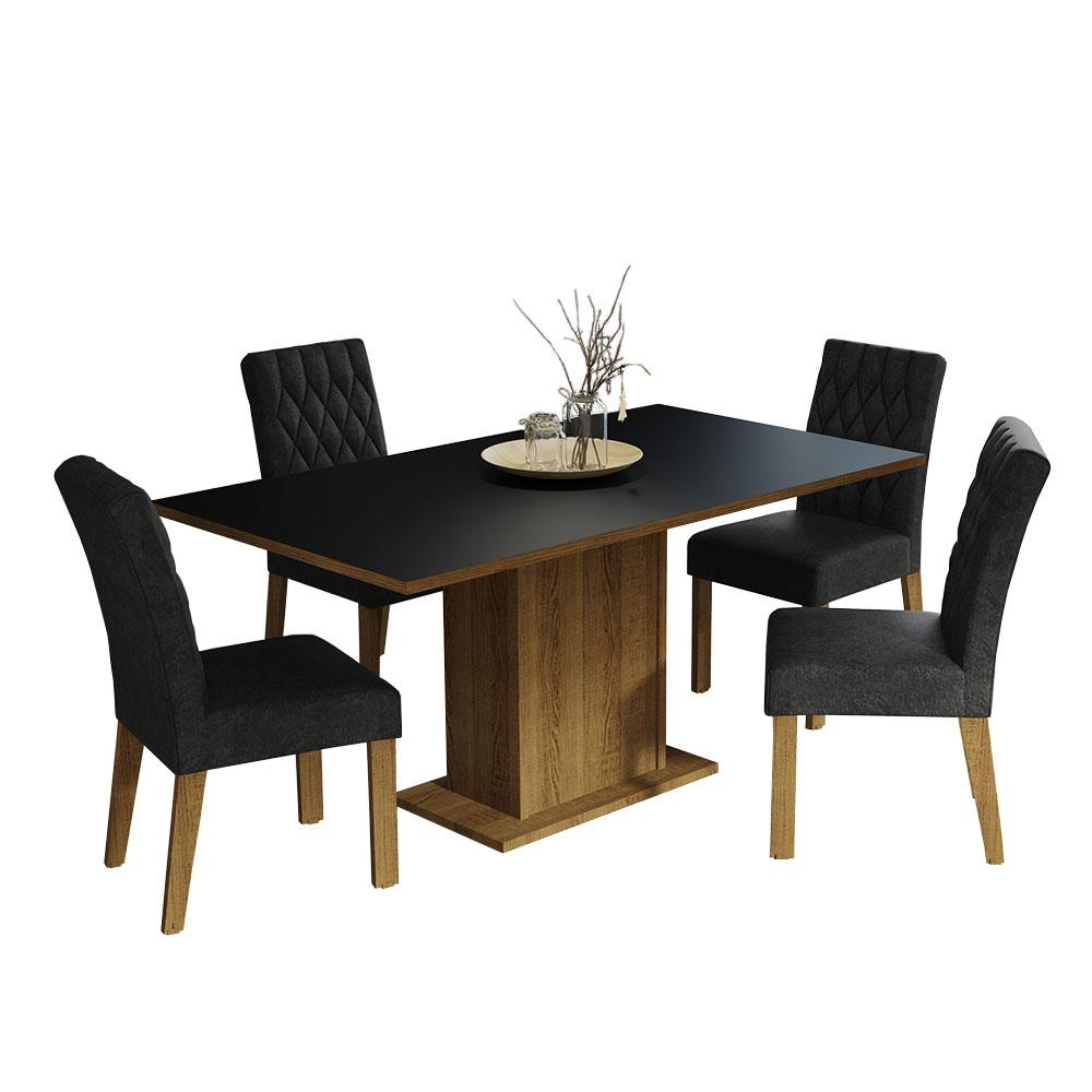 Conjunto Sala de Jantar Mesa Tampo de Madeira 4 Cadeiras Rustic/Preto/Oxford Cindy Madesa