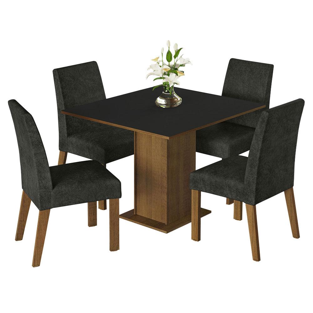 Conjunto Sala de Jantar Mesa Tampo de Madeira 4 Cadeiras Rustic/Preto/Oxford Karina Madesa