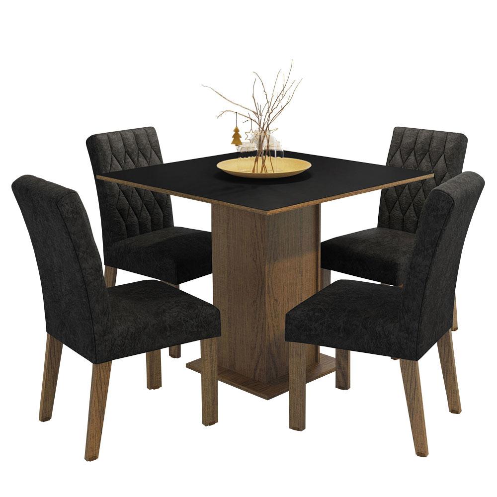 Conjunto Sala de Jantar Mesa Tampo de Madeira 4 Cadeiras Rustic/Preto/Oxford Livia Madesa