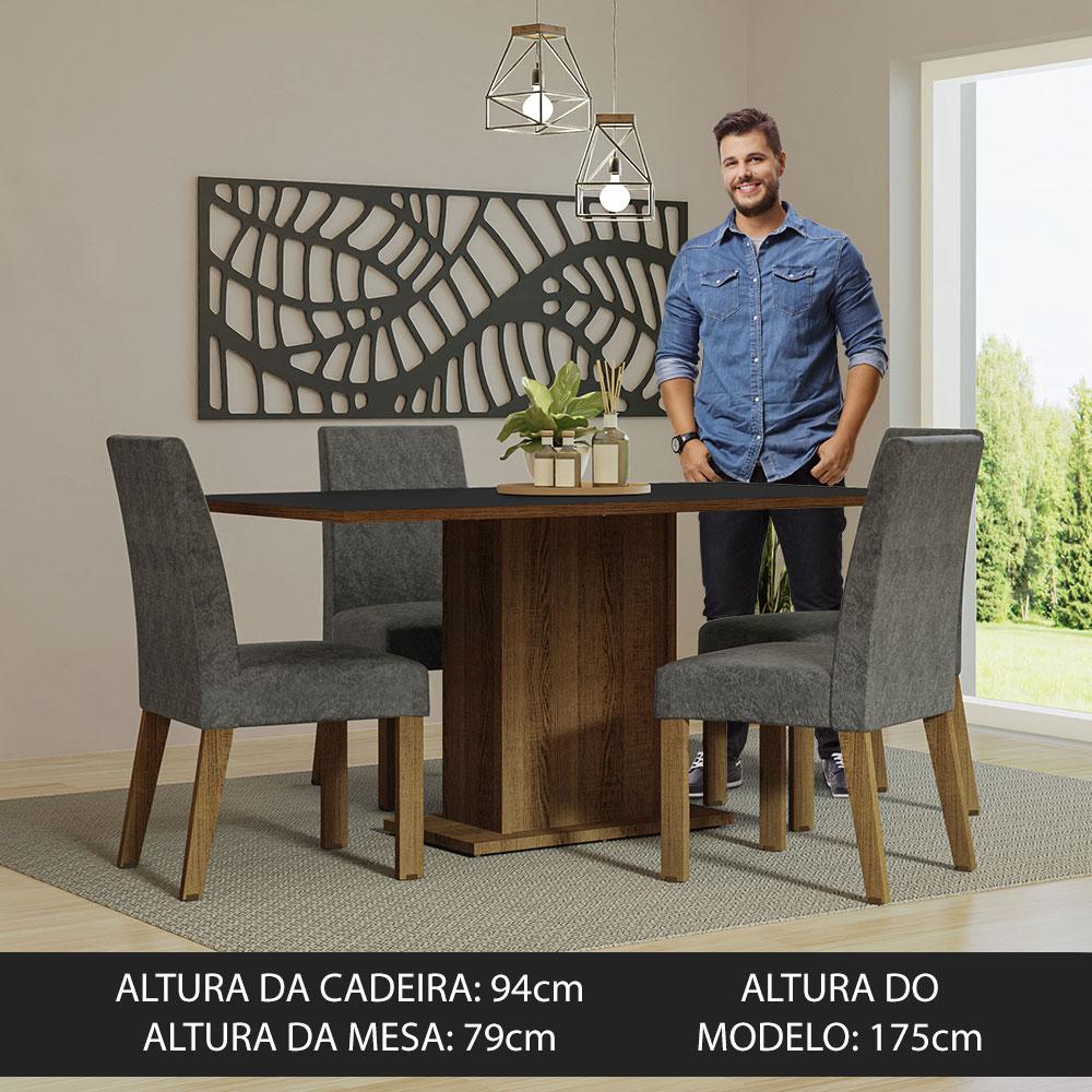 Conjunto Sala de Jantar Mesa Tampo de Madeira 4 Cadeiras Rustic/Preto/Silver Keila Madesa
