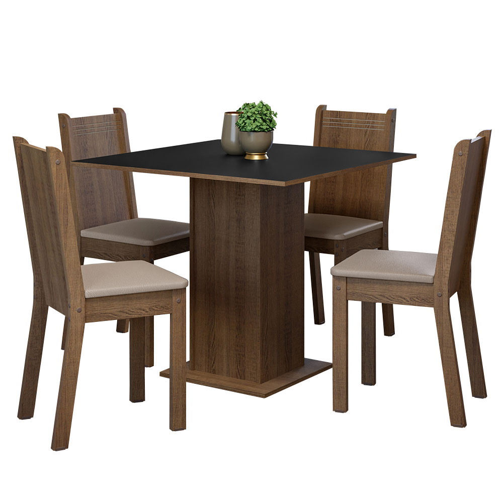Conjunto Sala de Jantar Mesa Tampo de Madeira 4 Cadeiras Rustic/Preto/Sintético Bege Samara Madesa