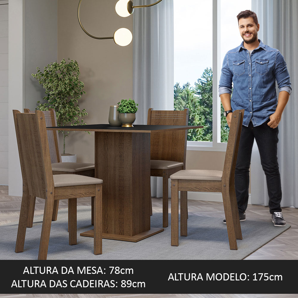 Conjunto Sala de Jantar Mesa Tampo de Madeira 4 Cadeiras Rustic/Preto/Sintético Bege Samara Madesa