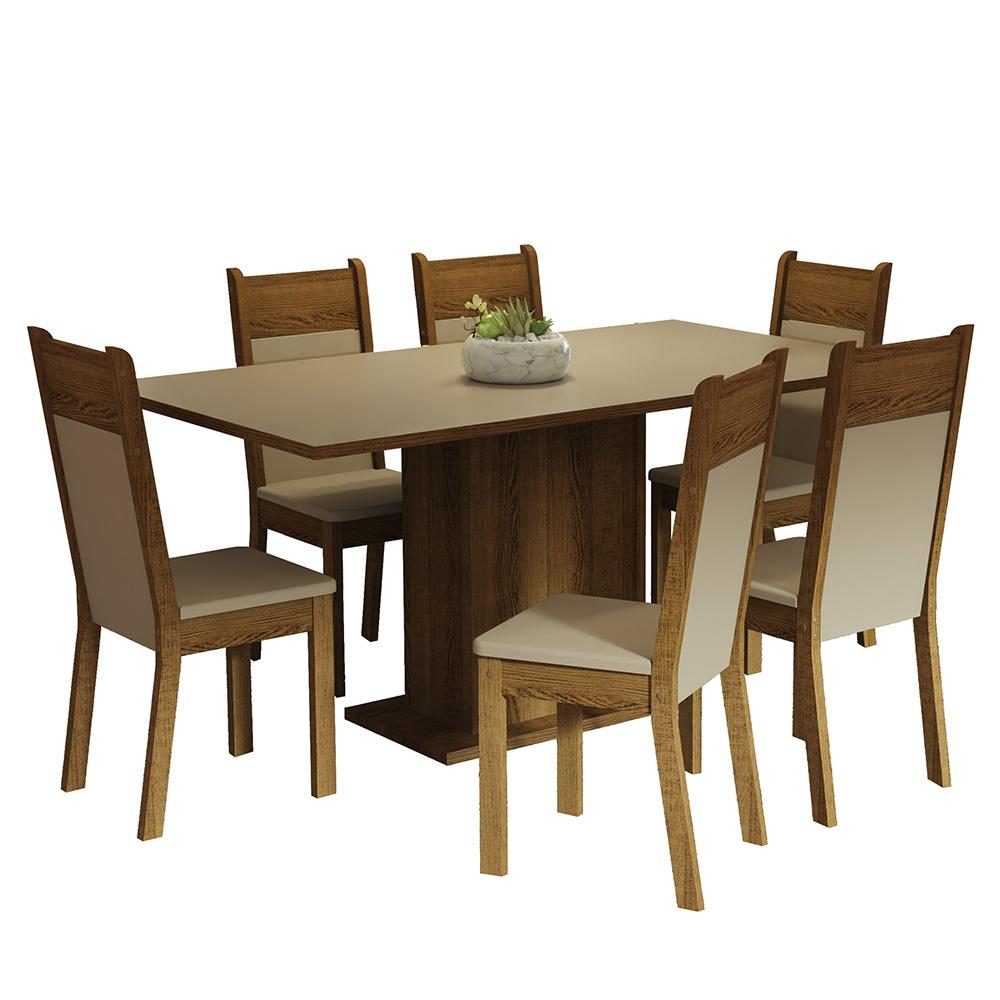 Conjunto Sala de Jantar Mesa Tampo de Madeira 6 Cadeiras Crema/Rustic/Bege Augusta Madesa