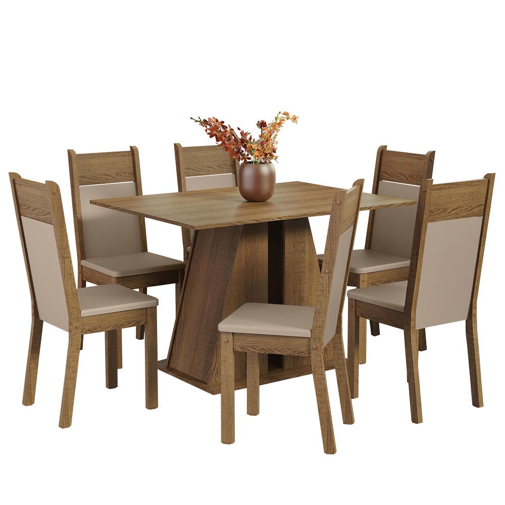 Conjunto Sala de Jantar Mesa Tampo de Madeira 6 Cadeiras Rustic/Bege Beverly Madesa