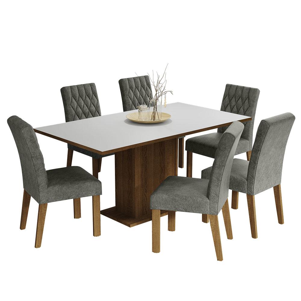 Conjunto Sala de Jantar Mesa Tampo de Madeira 6 Cadeiras Rustic/Branco/Silver Hanna Madesa
