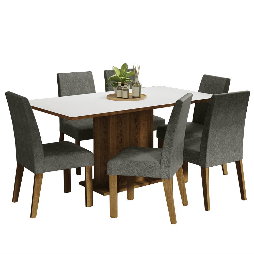 Conjunto Sala de Jantar Mesa Tampo de Madeira 6 Cadeiras Rustic/Branco/Silver Renata Madesa