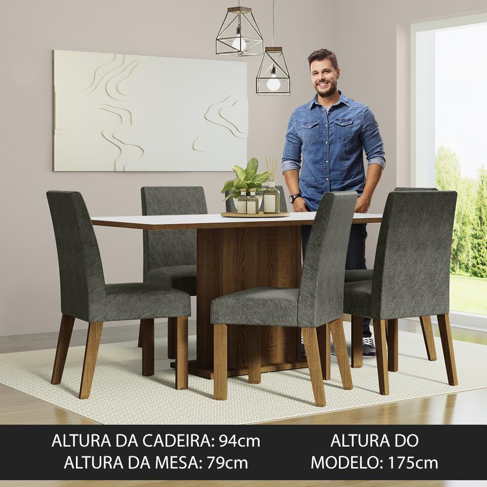 Conjunto Sala de Jantar Mesa Tampo de Madeira 6 Cadeiras Rustic/Branco/Silver Renata Madesa