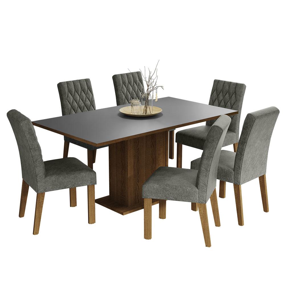 Conjunto Sala de Jantar Mesa Tampo de Madeira 6 Cadeiras Rustic/Cinza/Silver Hanna Madesa