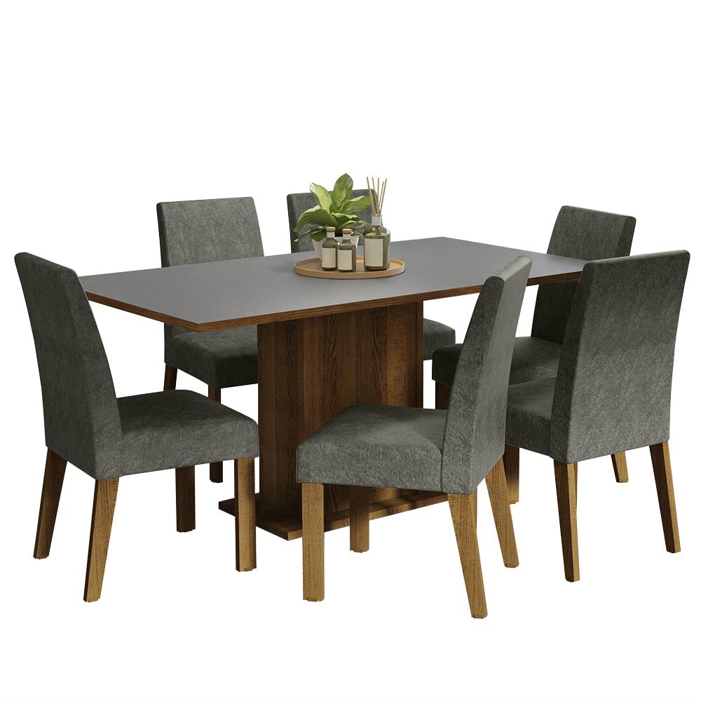 Conjunto Sala de Jantar Mesa Tampo de Madeira 6 Cadeiras Rustic/Cinza/Silver Renata Madesa
