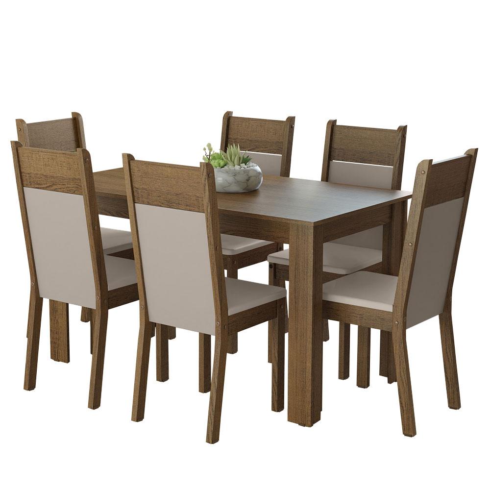 Conjunto Sala de Jantar Mesa Tampo de Madeira 6 Cadeiras Rustic/Crema/Bege Bahamas Madesa