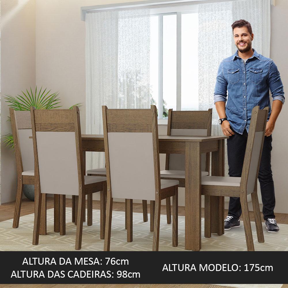 Conjunto Sala de Jantar Mesa Tampo de Madeira 6 Cadeiras Rustic/Crema/Bege Bahamas Madesa