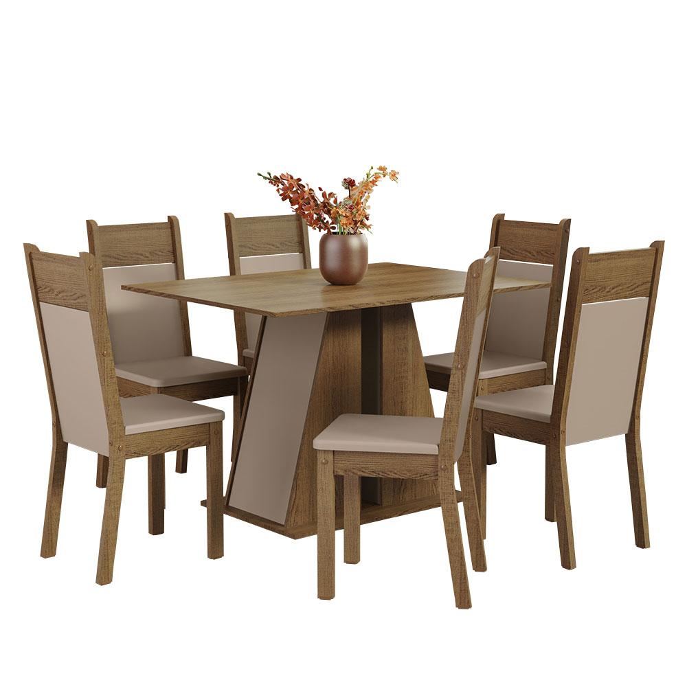 Conjunto Sala de Jantar Mesa Tampo de Madeira 6 Cadeiras Rustic/Crema/Bege Beverly Madesa