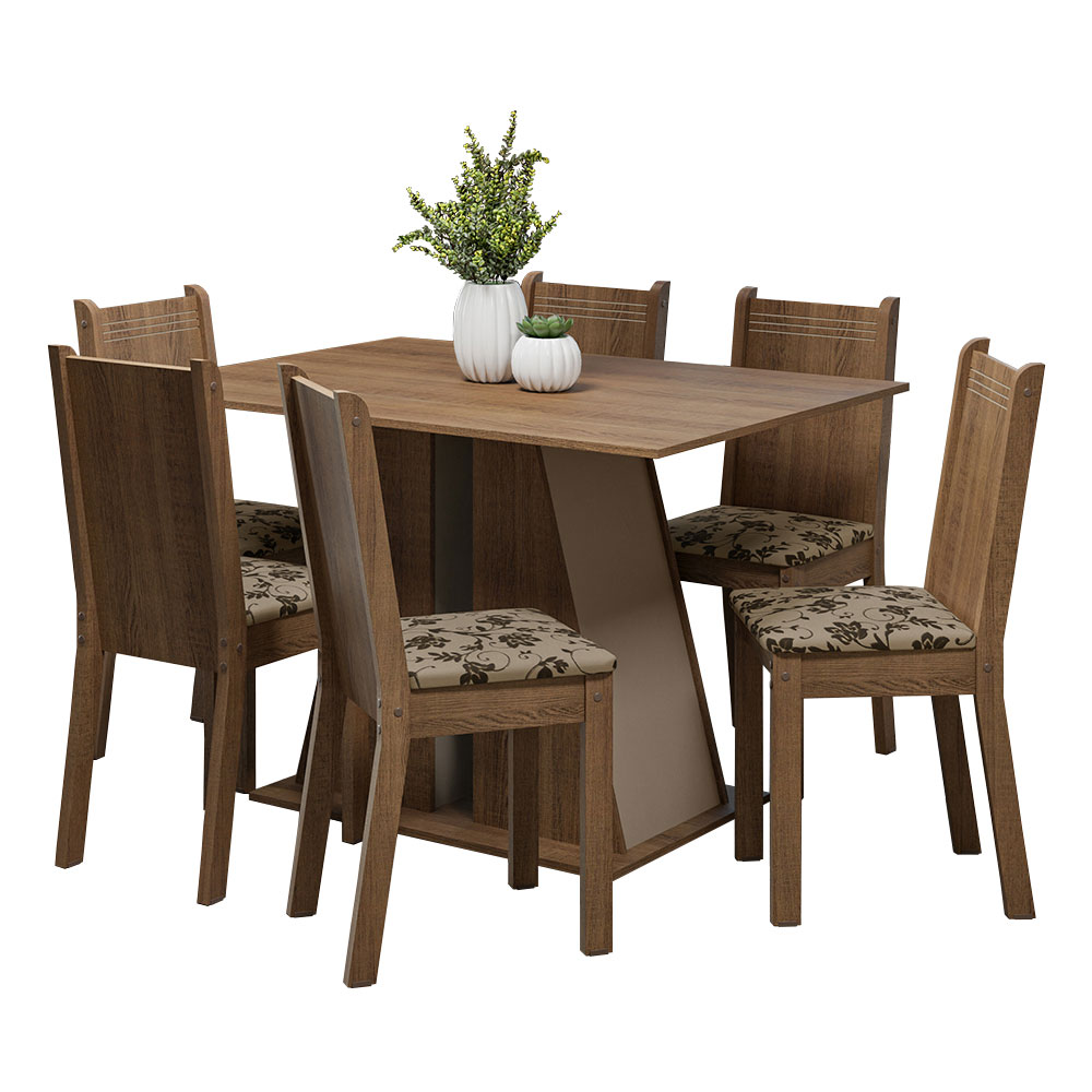 Conjunto Sala de Jantar Mesa Tampo de Madeira 6 Cadeiras Rustic/Crema/Bege Marrom Sharon Madesa
