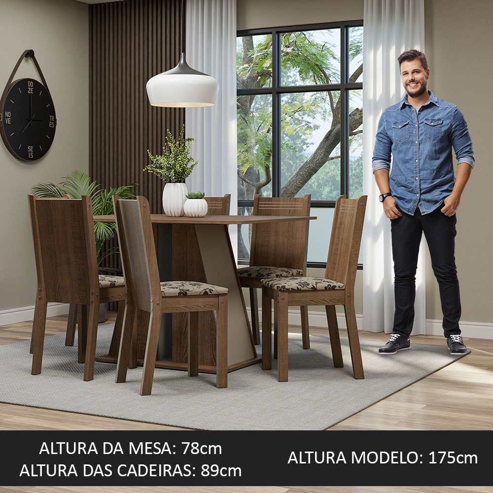 Conjunto Sala de Jantar Mesa Tampo de Madeira 6 Cadeiras Rustic/Crema/Bege Marrom Sharon Madesa