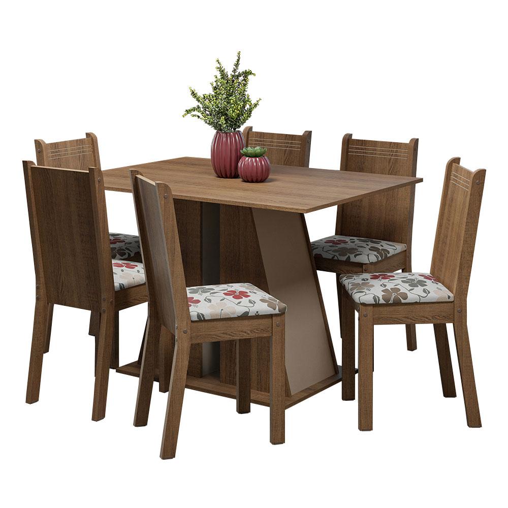 Conjunto Sala de Jantar Mesa Tampo de Madeira 6 Cadeiras Rustic/Crema/Hibiscos Sharon Madesa