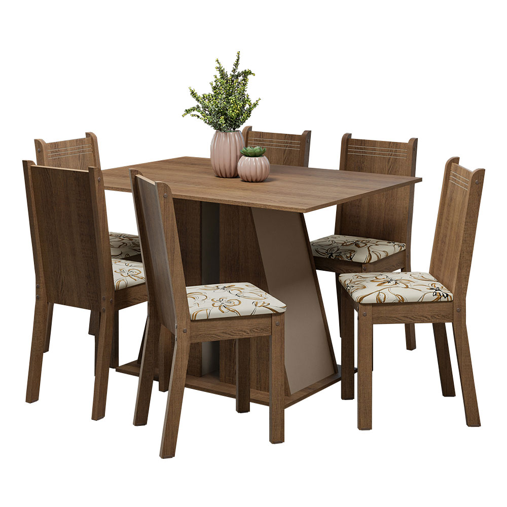 Conjunto Sala de Jantar Mesa Tampo de Madeira 6 Cadeiras Rustic/Crema/Lírio Bege Sharon Madesa