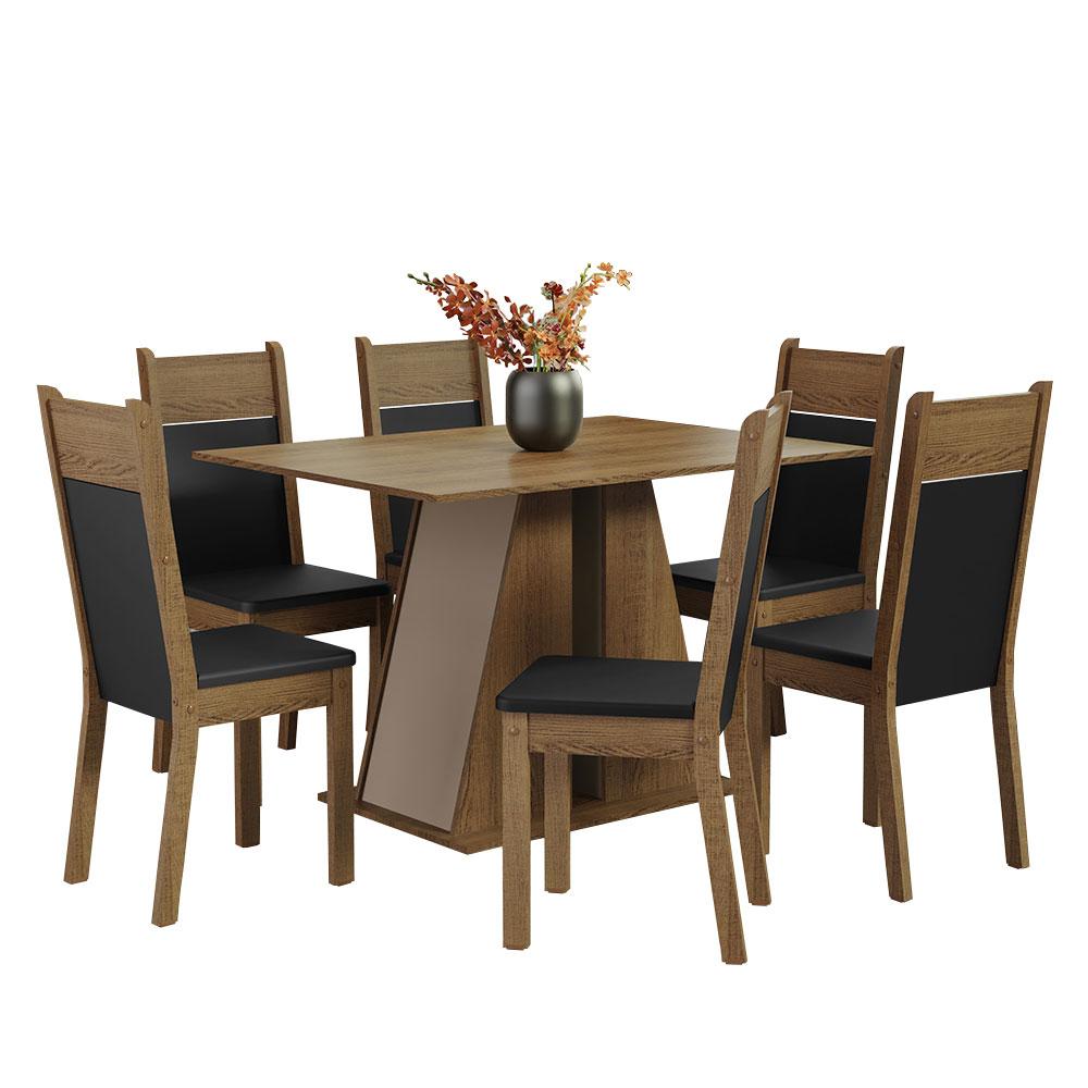 Conjunto Sala de Jantar Mesa Tampo de Madeira 6 Cadeiras Rustic/Crema/Preto Beverly Madesa