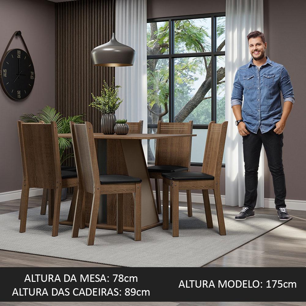 Conjunto Sala de Jantar Mesa Tampo de Madeira 6 Cadeiras Rustic/Crema/Preto Sharon Madesa