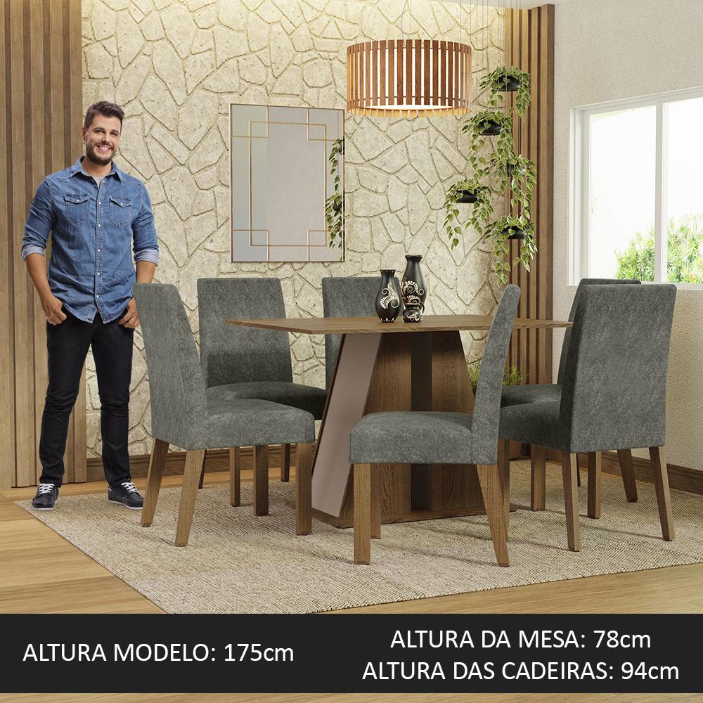 Conjunto Sala de Jantar Mesa Tampo de Madeira 6 Cadeiras Rustic/Crema/Silver Cheryl Madesa