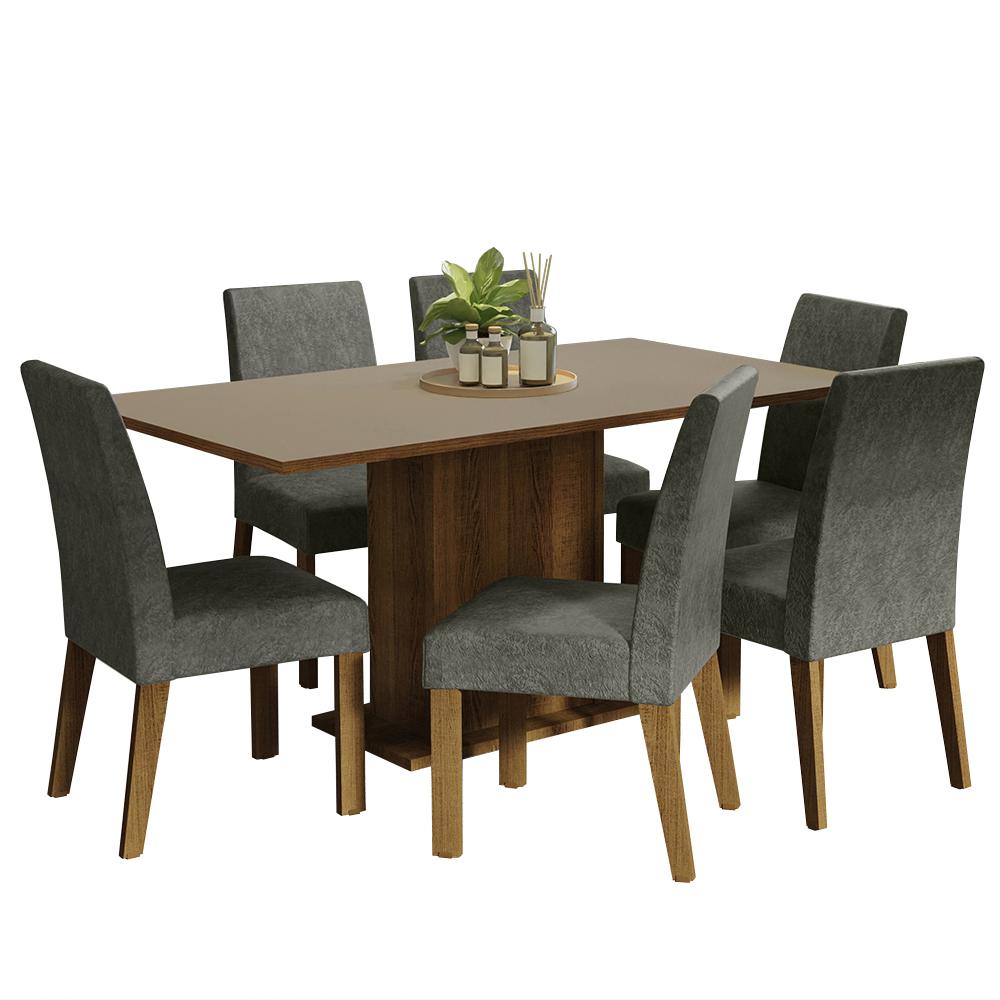 Conjunto Sala de Jantar Mesa Tampo de Madeira 6 Cadeiras Rustic/Crema/Silver Renata Madesa