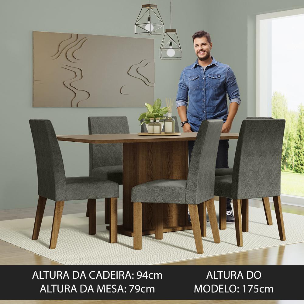 Conjunto Sala de Jantar Mesa Tampo de Madeira 6 Cadeiras Rustic/Crema/Silver Renata Madesa