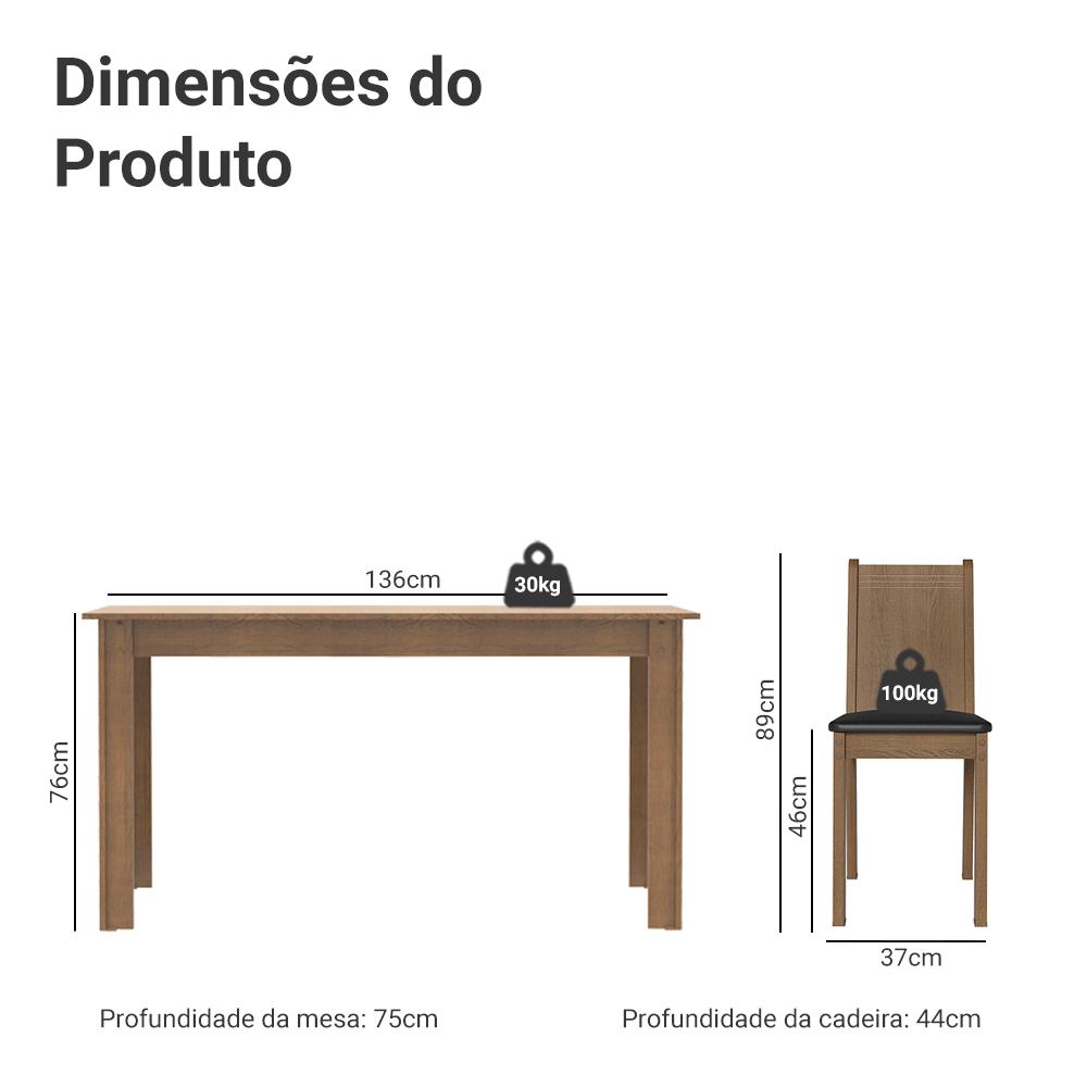 Conjunto Sala de Jantar Mesa Tampo de Madeira 6 Cadeiras Rustic/Preto Analu Madesa