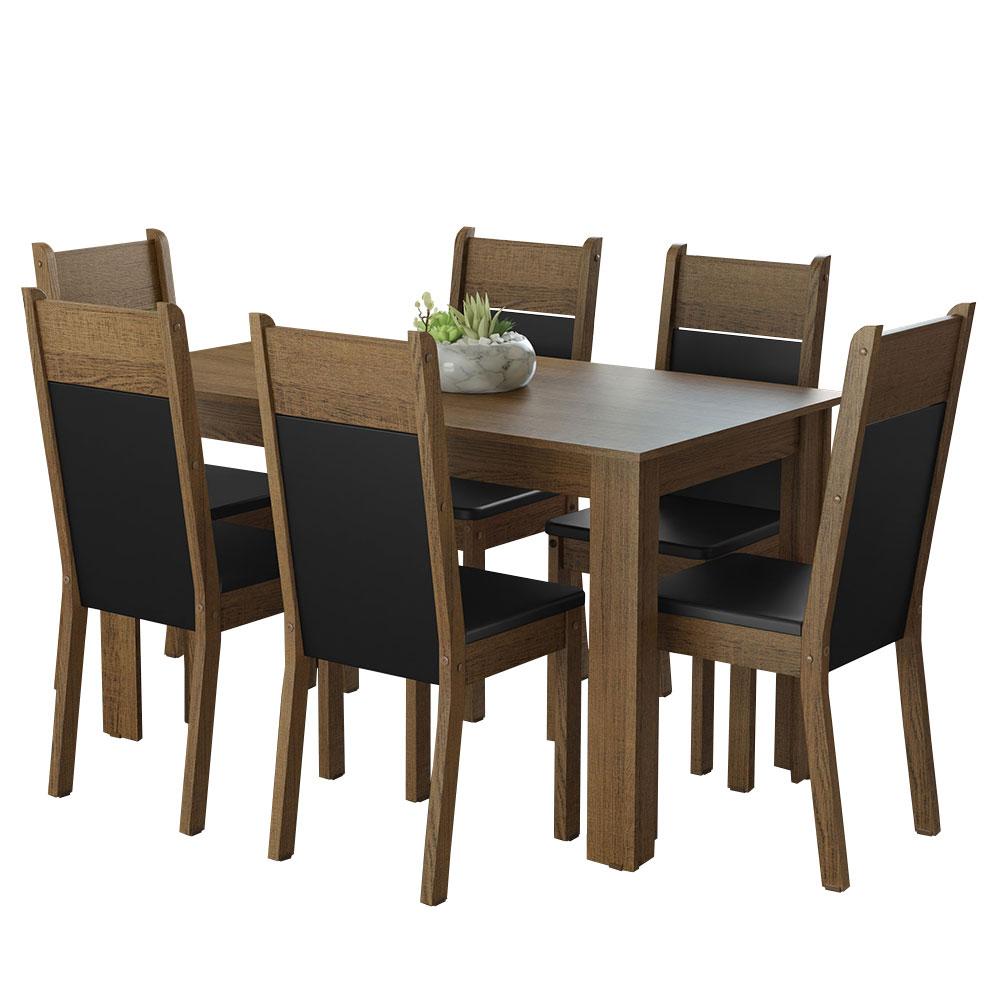 Conjunto Sala de Jantar Mesa Tampo de Madeira 6 Cadeiras Rustic/Preto Bahamas Madesa