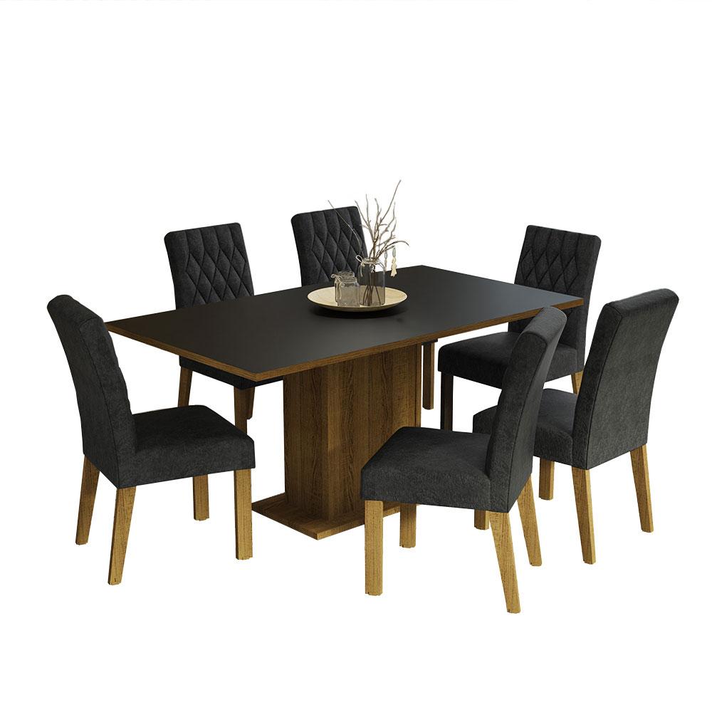 Conjunto Sala de Jantar Mesa Tampo de Madeira 6 Cadeiras Rustic/Preto/Oxford Hanna Madesa