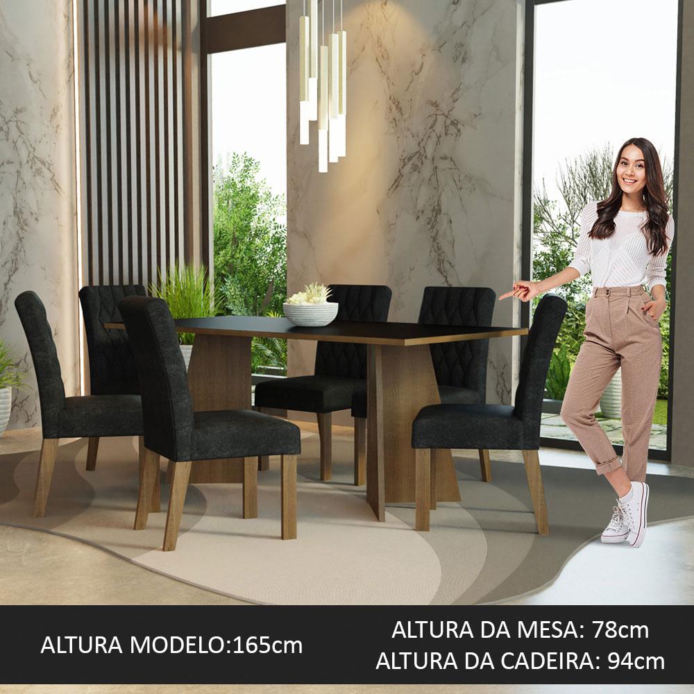 Conjunto Sala de Jantar Mesa Tampo de Madeira 6 Cadeiras Rustic/Preto/Oxford Madison Madesa