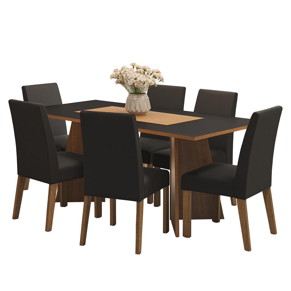 Conjunto Sala de Jantar Mesa Tampo de Madeira 6 Cadeiras Rustic/Preto/Oxford Simone Madesa