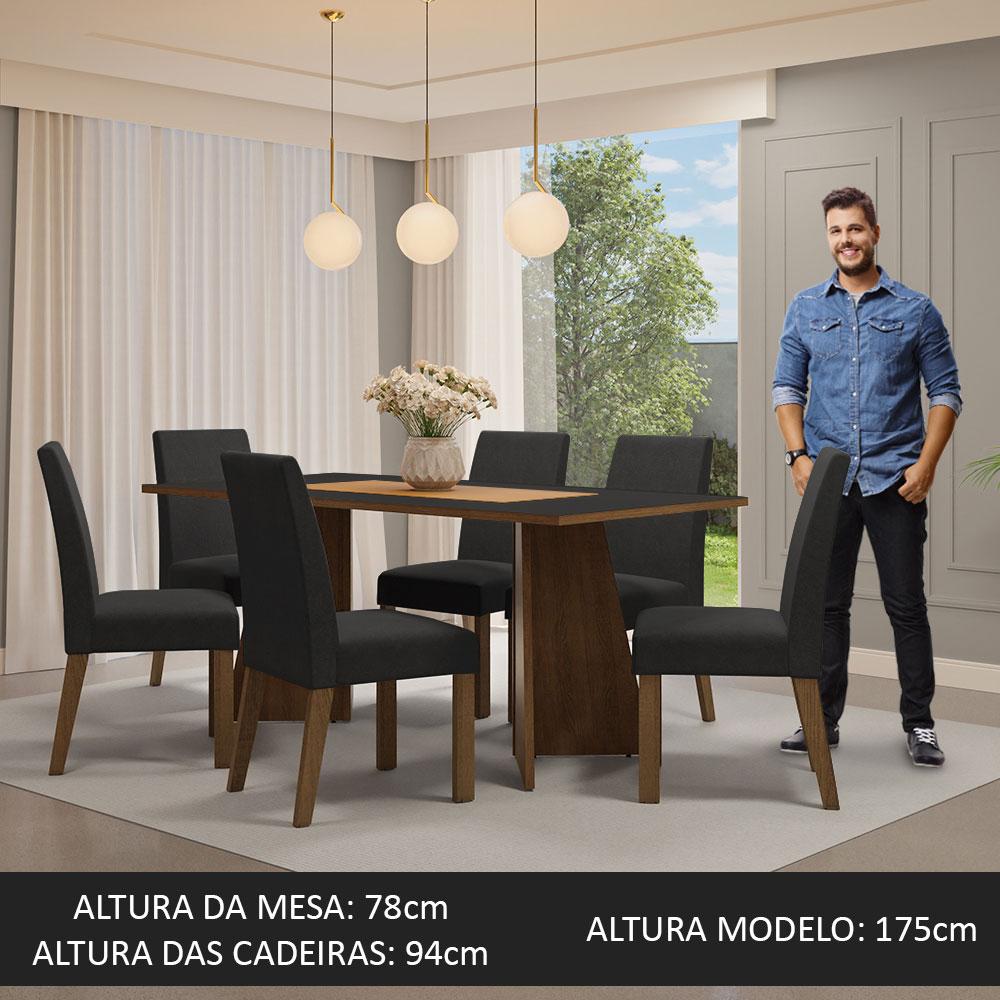 Conjunto Sala de Jantar Mesa Tampo de Madeira 6 Cadeiras Rustic/Preto/Oxford Simone Madesa