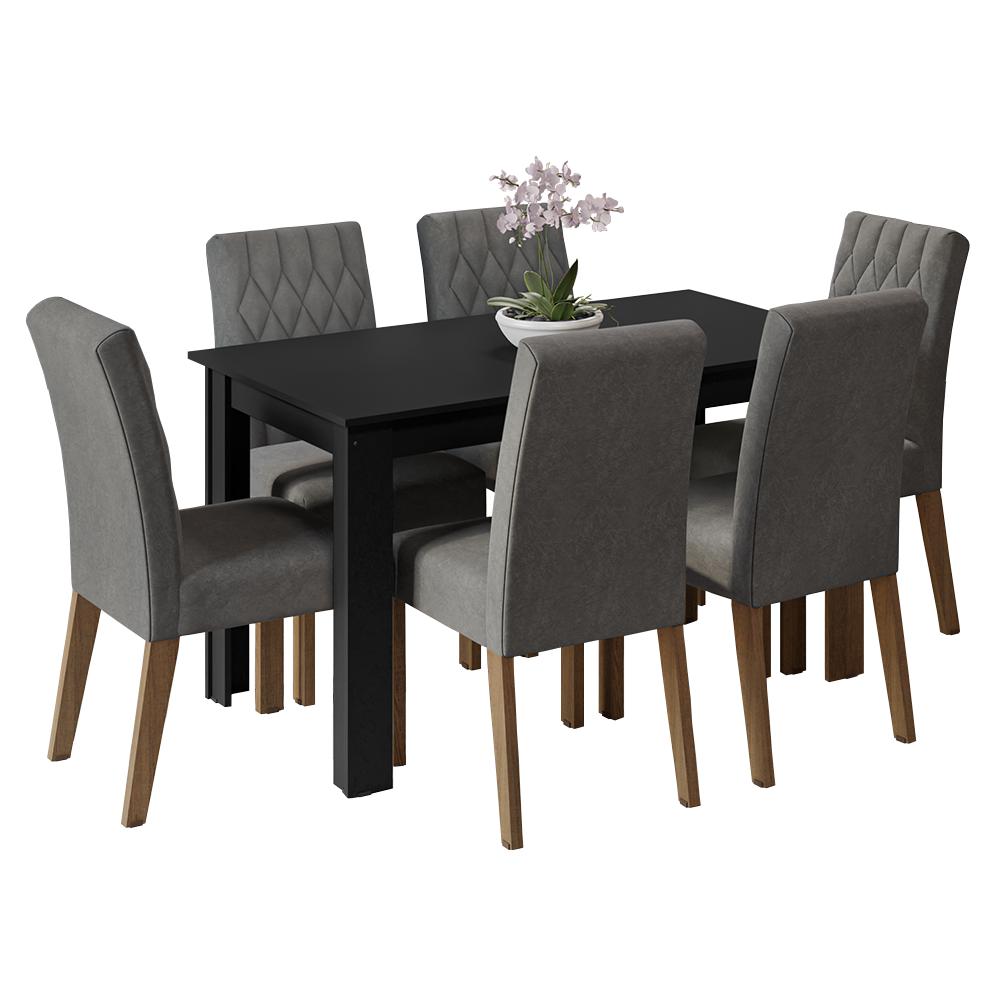 Conjunto Sala de Jantar Mesa Tampo de Madeira 6 Cadeiras Rustic/Preto/Silver Allegro Madesa