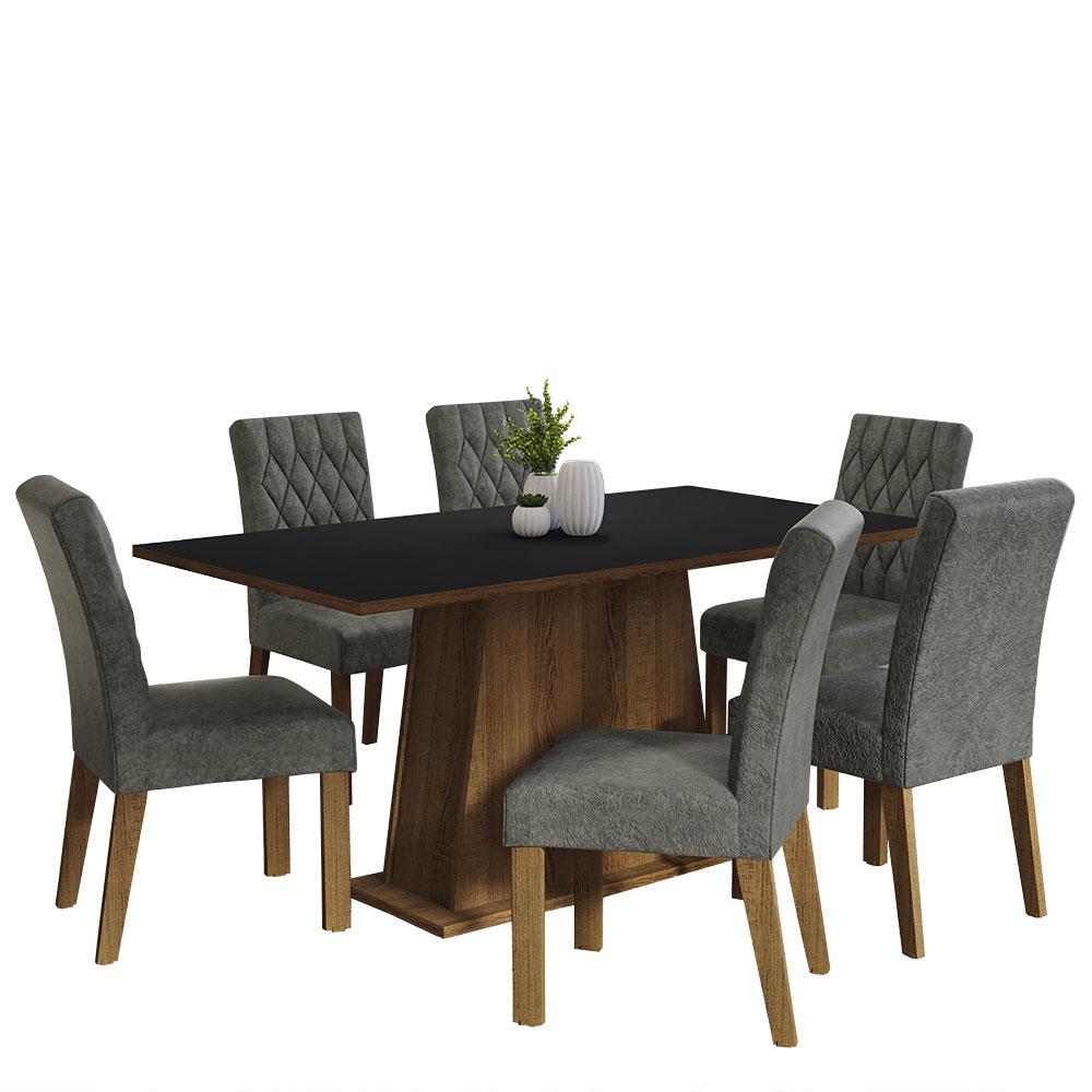 Conjunto Sala de Jantar Mesa Tampo de Madeira 6 Cadeiras Rustic/Preto/Silver Britney Madesa
