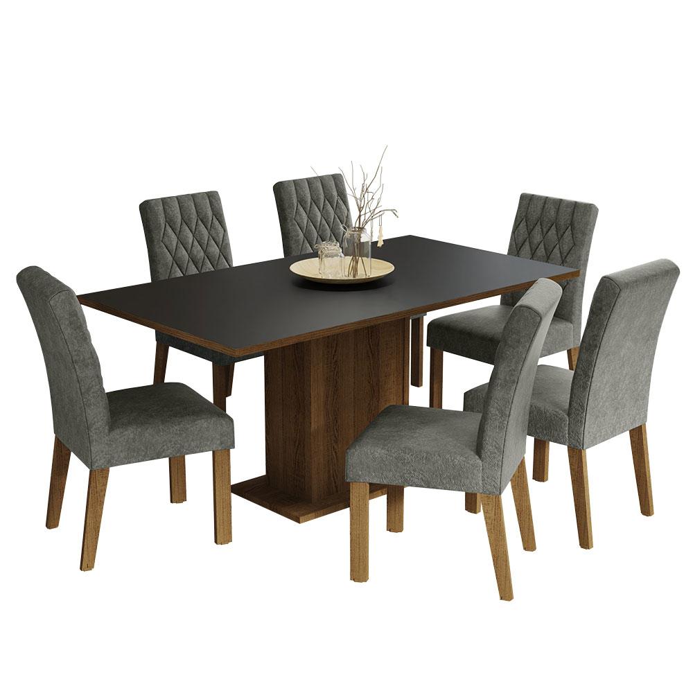 Conjunto Sala de Jantar Mesa Tampo de Madeira 6 Cadeiras Rustic/Preto/Silver Hanna Madesa