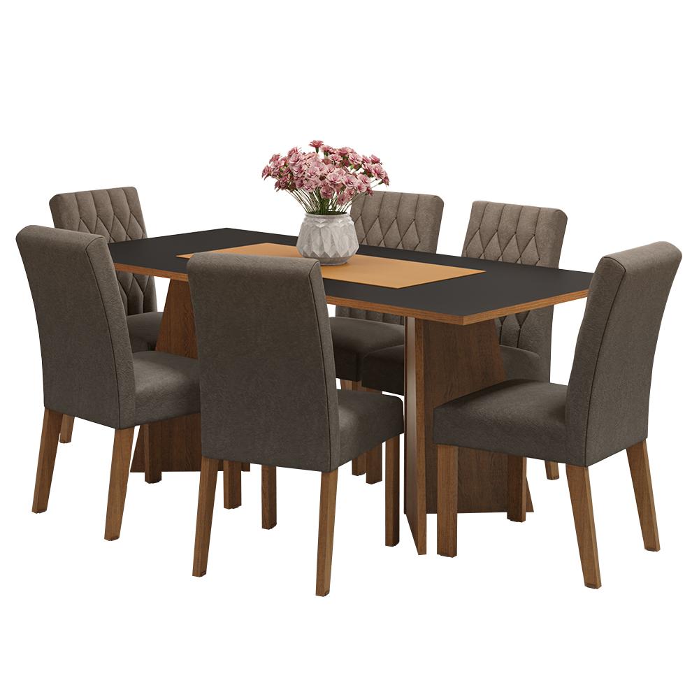 Conjunto Sala de Jantar Mesa Tampo de Madeira 6 Cadeiras Rustic/Preto/Silver Madison Madesa