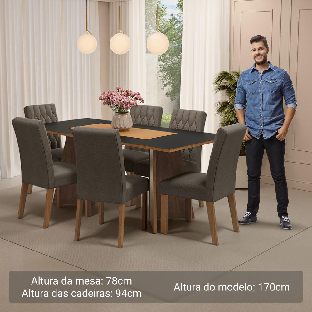 Conjunto Sala de Jantar Mesa Tampo de Madeira 6 Cadeiras Rustic/Preto/Silver Madison Madesa
