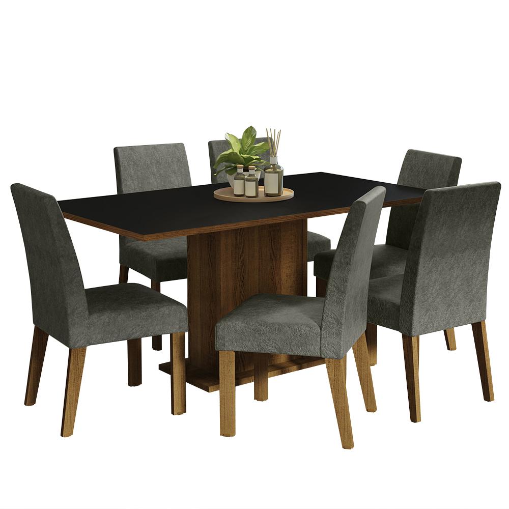 Conjunto Sala de Jantar Mesa Tampo de Madeira 6 Cadeiras Rustic/Preto/Silver Renata Madesa