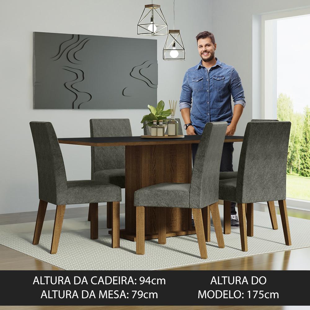 Conjunto Sala de Jantar Mesa Tampo de Madeira 6 Cadeiras Rustic/Preto/Silver Renata Madesa