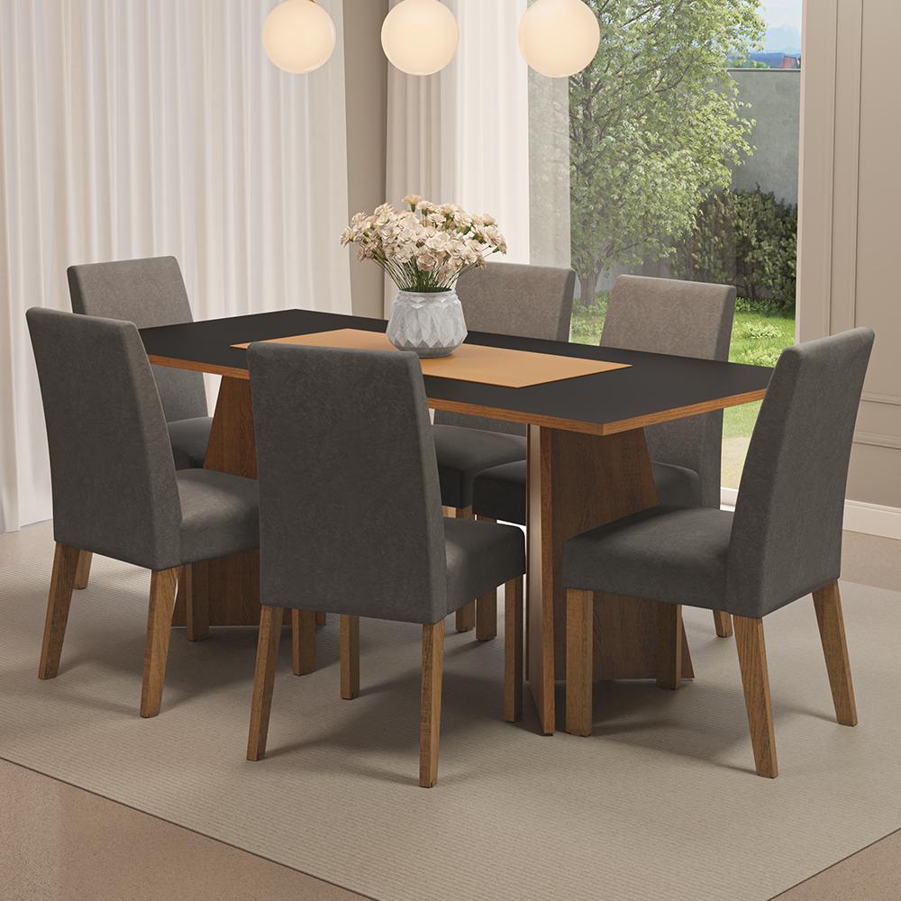Conjunto Sala de Jantar Mesa Tampo de Madeira 6 Cadeiras Rustic/Preto/Silver Simone Madesa