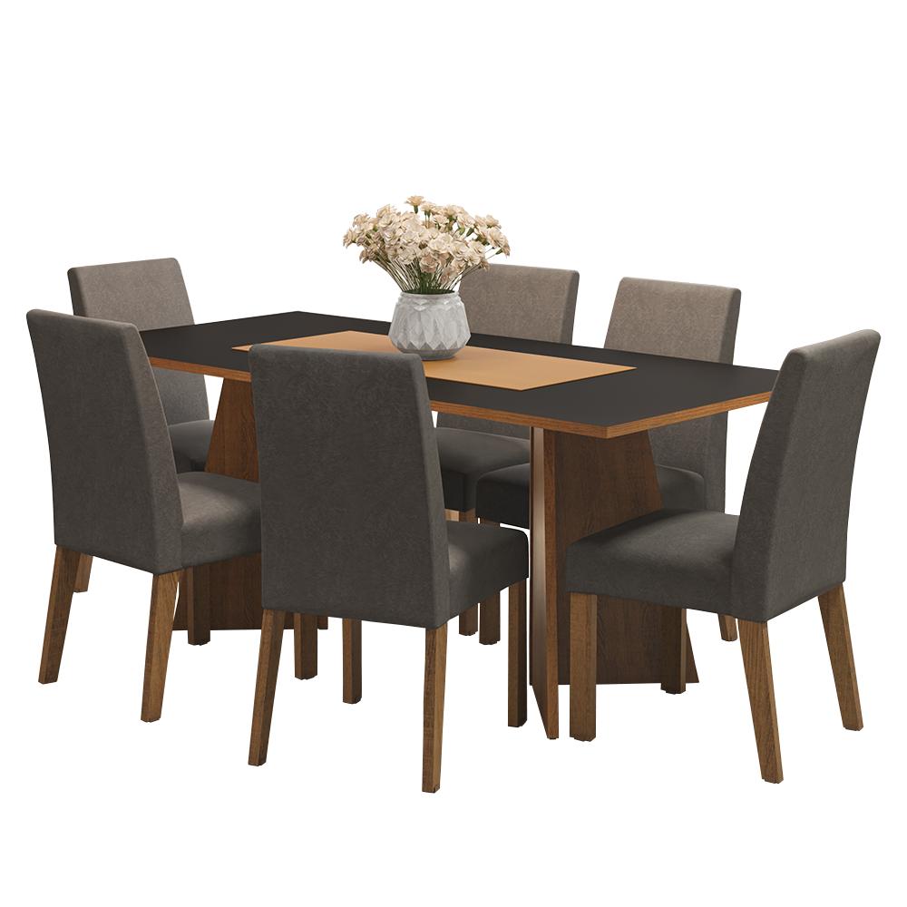 Conjunto Sala de Jantar Mesa Tampo de Madeira 6 Cadeiras Rustic/Preto/Silver Simone Madesa