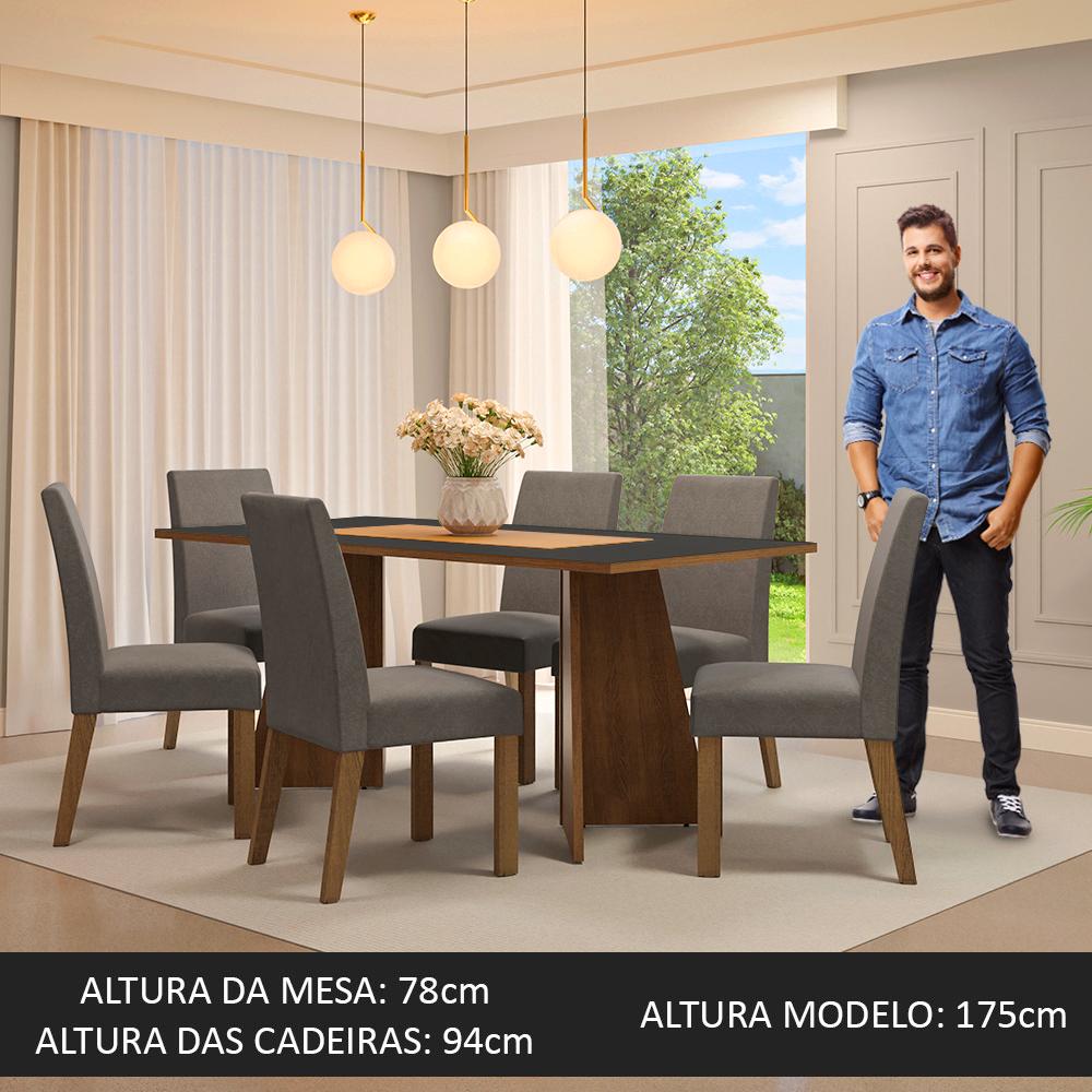 Conjunto Sala de Jantar Mesa Tampo de Madeira 6 Cadeiras Rustic/Preto/Silver Simone Madesa