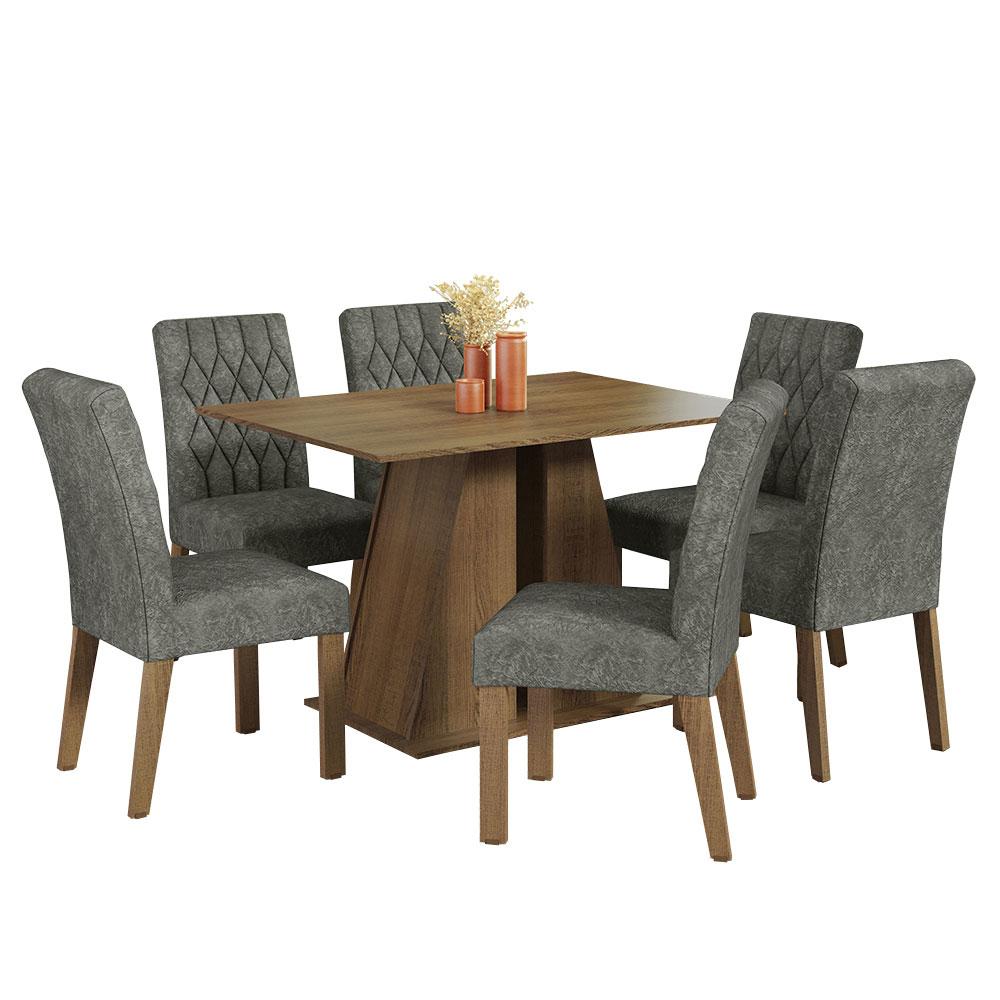 Conjunto Sala de Jantar Mesa Tampo de Madeira 6 Cadeiras Rustic/Silver Fabiana Madesa