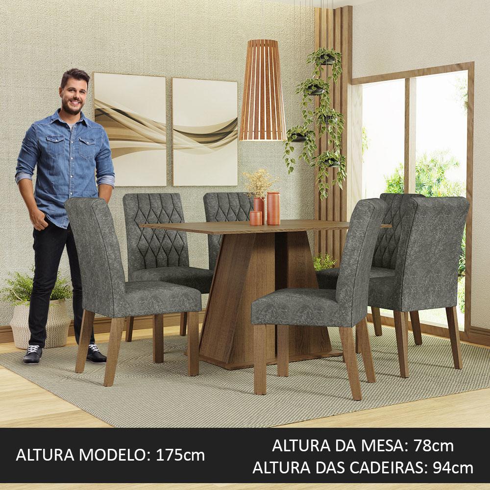 Conjunto Sala de Jantar Mesa Tampo de Madeira 6 Cadeiras Rustic/Silver Fabiana Madesa