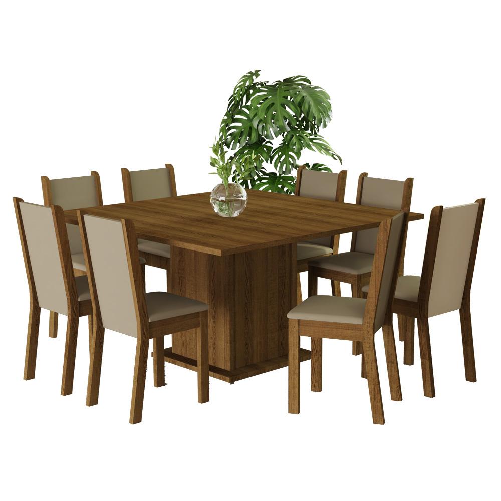 Conjunto Sala de Jantar Mesa Tampo de Madeira 8 Cadeiras Rustic/Crema/Bege Marisa Madesa