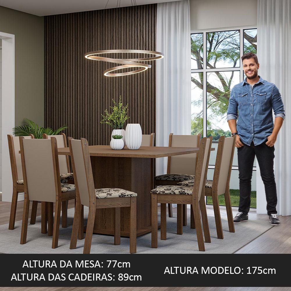 Conjunto Sala de Jantar Mesa Tampo de Madeira 8 Cadeiras Rustic/Crema/Bege Marrom Marisa Madesa