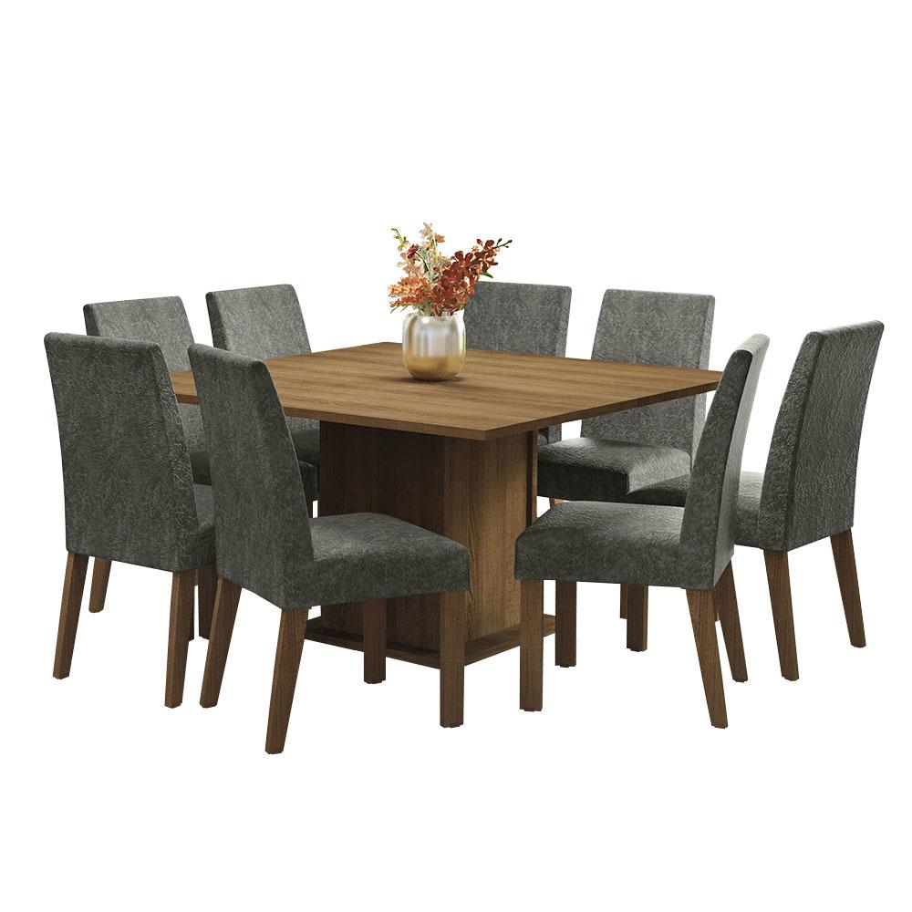 Conjunto Sala de Jantar Mesa Tampo de Madeira 8 Cadeiras Rustic/Silver Doris Madesa